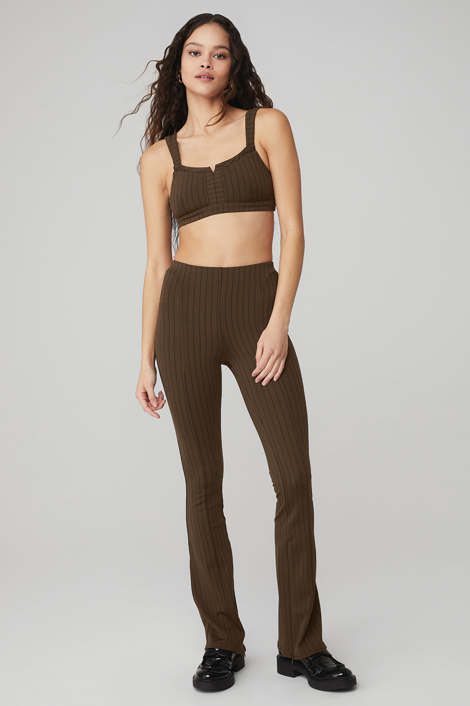 Pinstripe Jacquard Captivate Bra & High-Waist Pinstripe Zip It Flare Legging Set - Espresso/Black