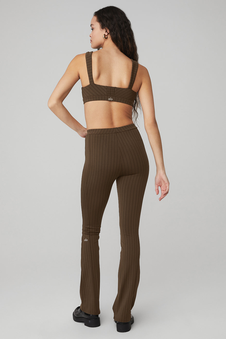 Pinstripe Jacquard Captivate Bra & High-Waist Pinstripe Zip It Flare Legging Set - Espresso/Black
