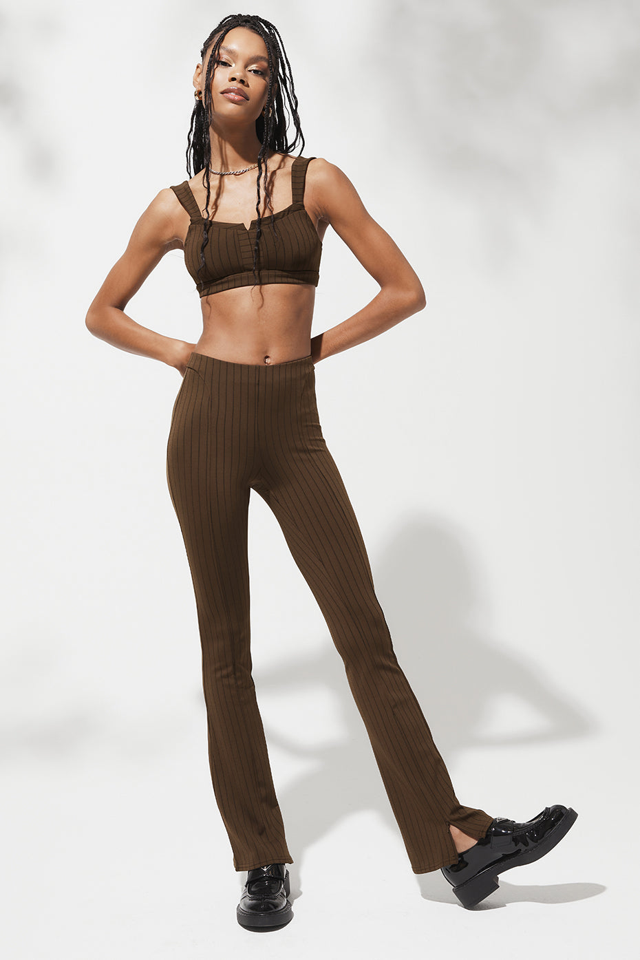 Pinstripe Jacquard Captivate Bra & High-Waist Pinstripe Zip It Flare Legging Set - Espresso/Black