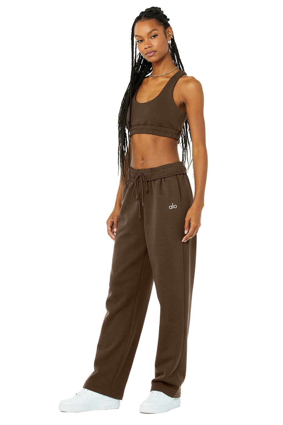 Scoop Neck Sweatshirt Bra & Accolade Straight Leg Sweatpant Set - Espresso