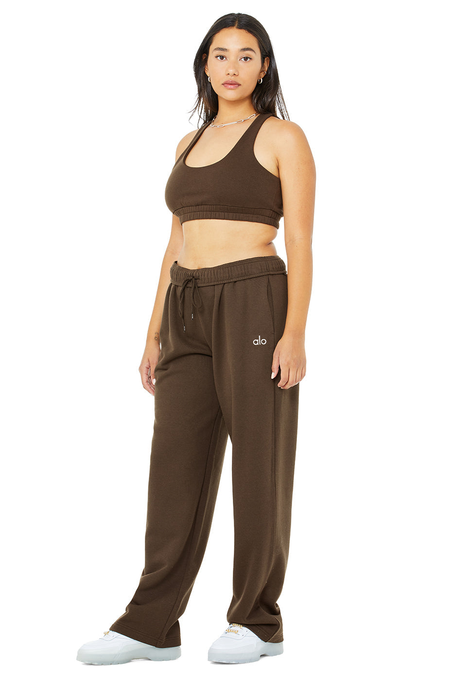 Scoop Neck Sweatshirt Bra & Accolade Straight Leg Sweatpant Set - Espresso