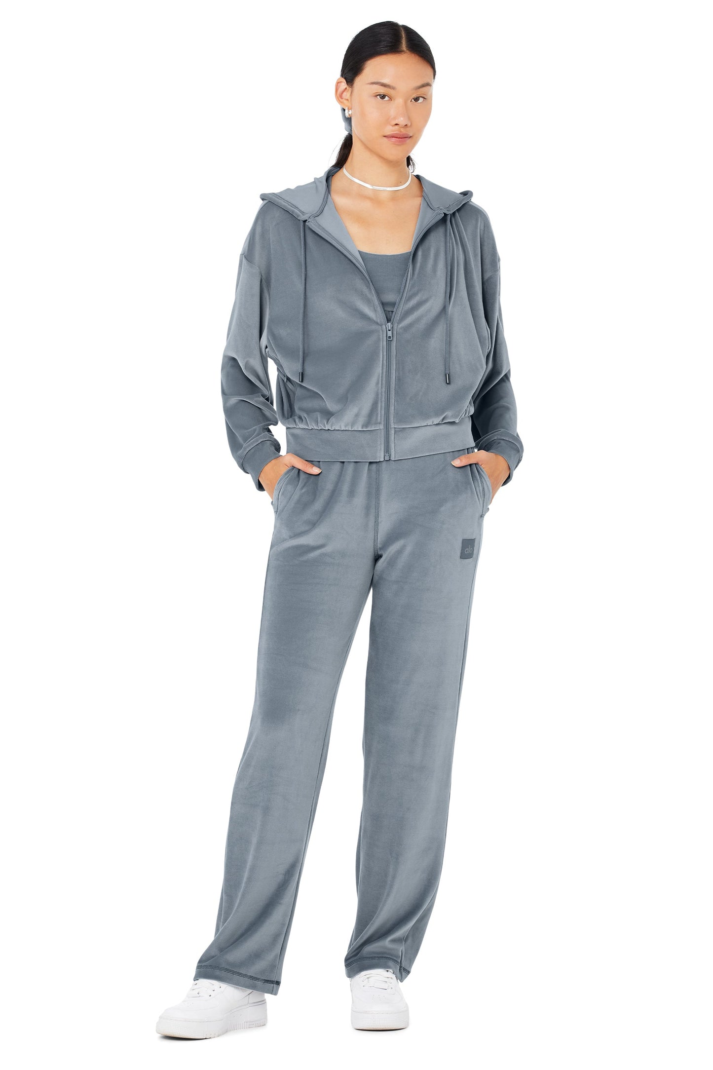Velour Glimmer Scoop Neck Bra & Full Zip Hoodie & High-Waist Wide Leg Pant Set - Steel Blue