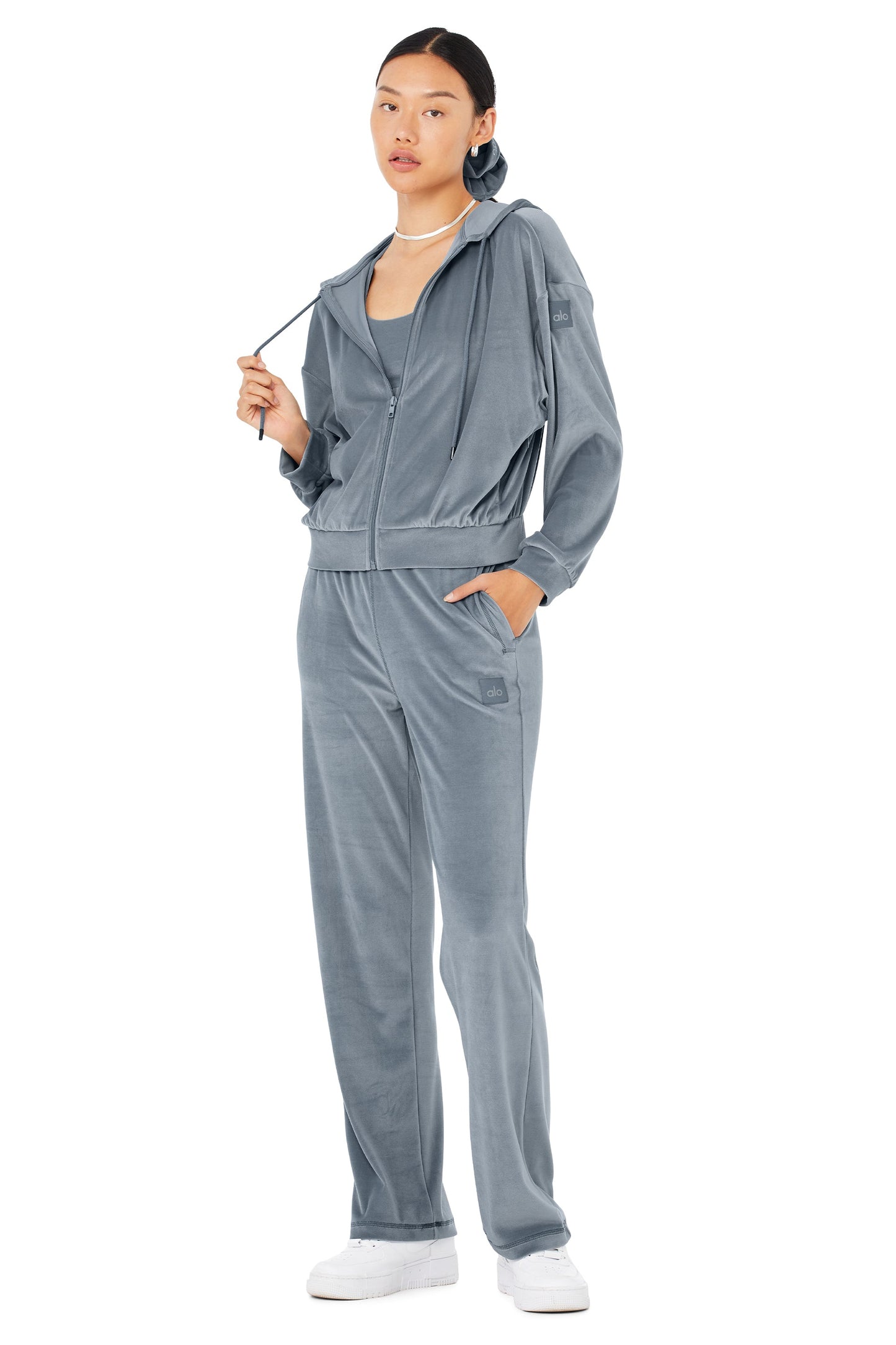 Velour Glimmer Scoop Neck Bra & Full Zip Hoodie & High-Waist Wide Leg Pant Set - Steel Blue