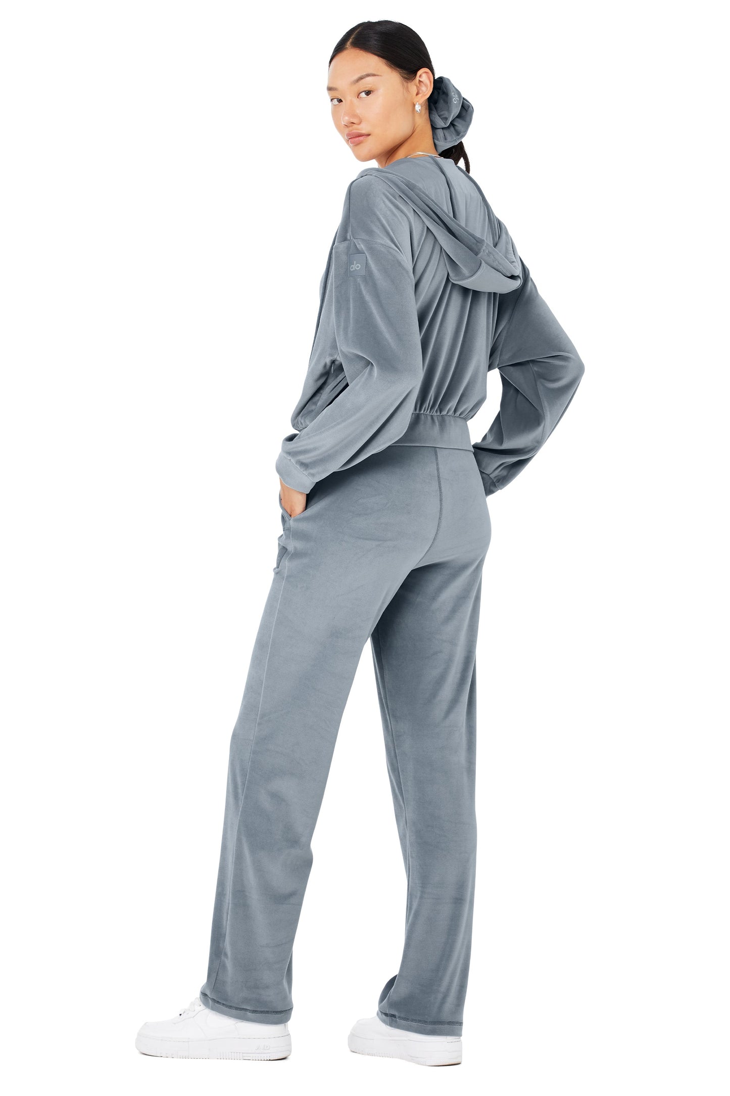 Velour Glimmer Scoop Neck Bra & Full Zip Hoodie & High-Waist Wide Leg Pant Set - Steel Blue