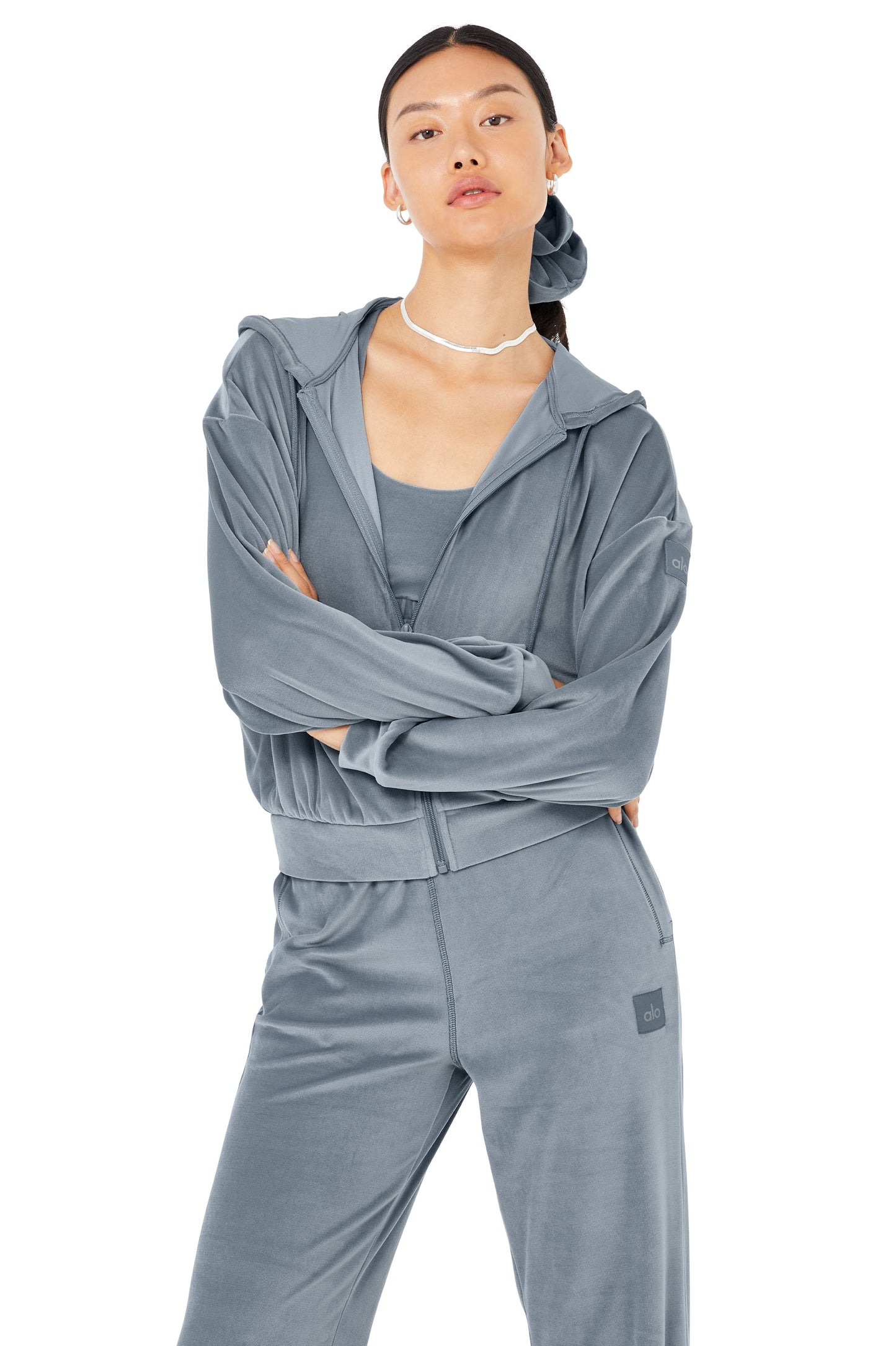 Velour Glimmer Scoop Neck Bra & Full Zip Hoodie & High-Waist Wide Leg Pant Set - Steel Blue