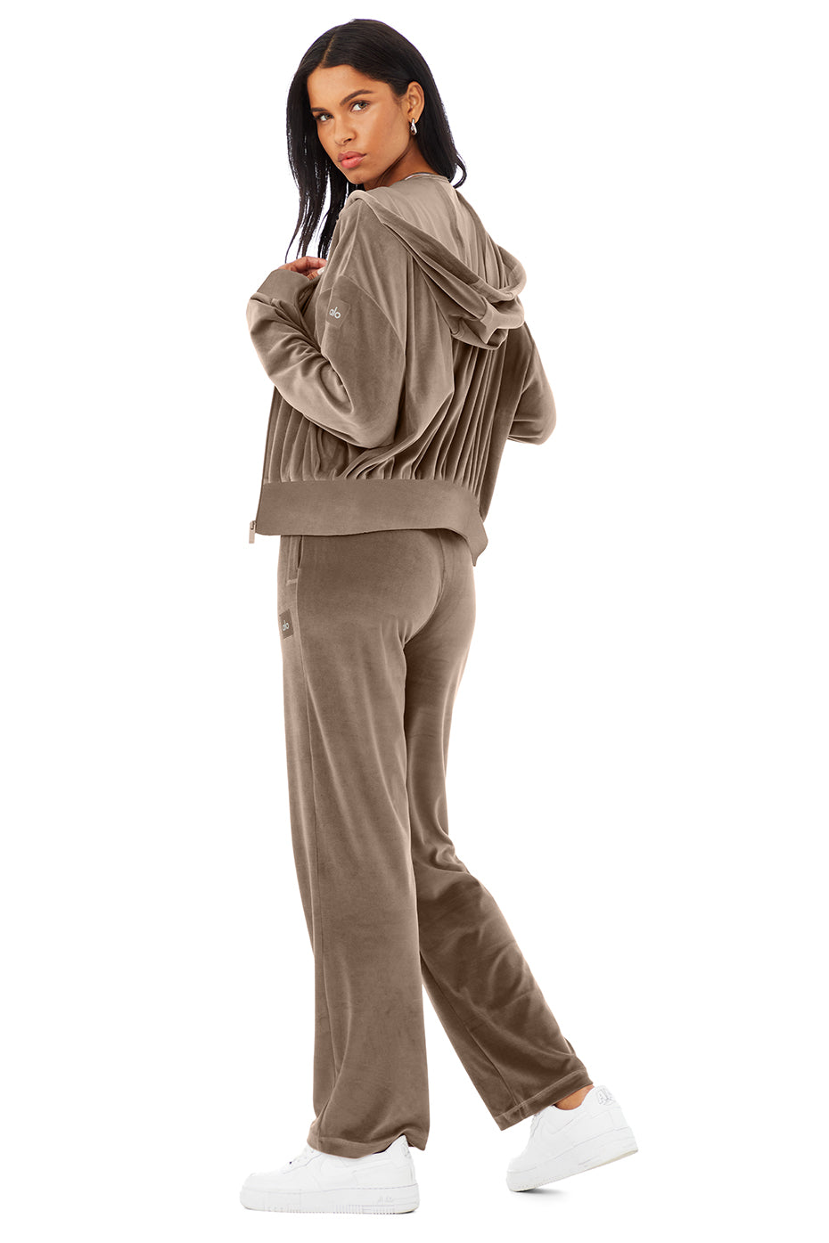 Velour Glimmer Scoop Neck Bra & Full Zip Hoodie & High-Waist Wide Leg Pant Set - Hot Cocoa