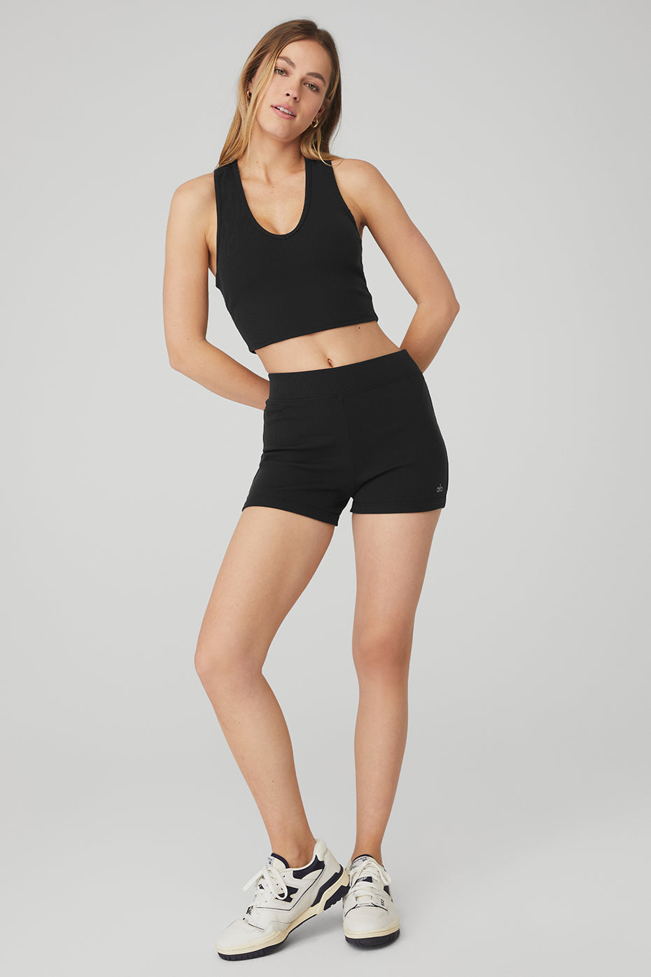 Goddess Ribbed Cropped Racerback Tank & Goddess Ribbed High-Waist Hot Short Set - Black