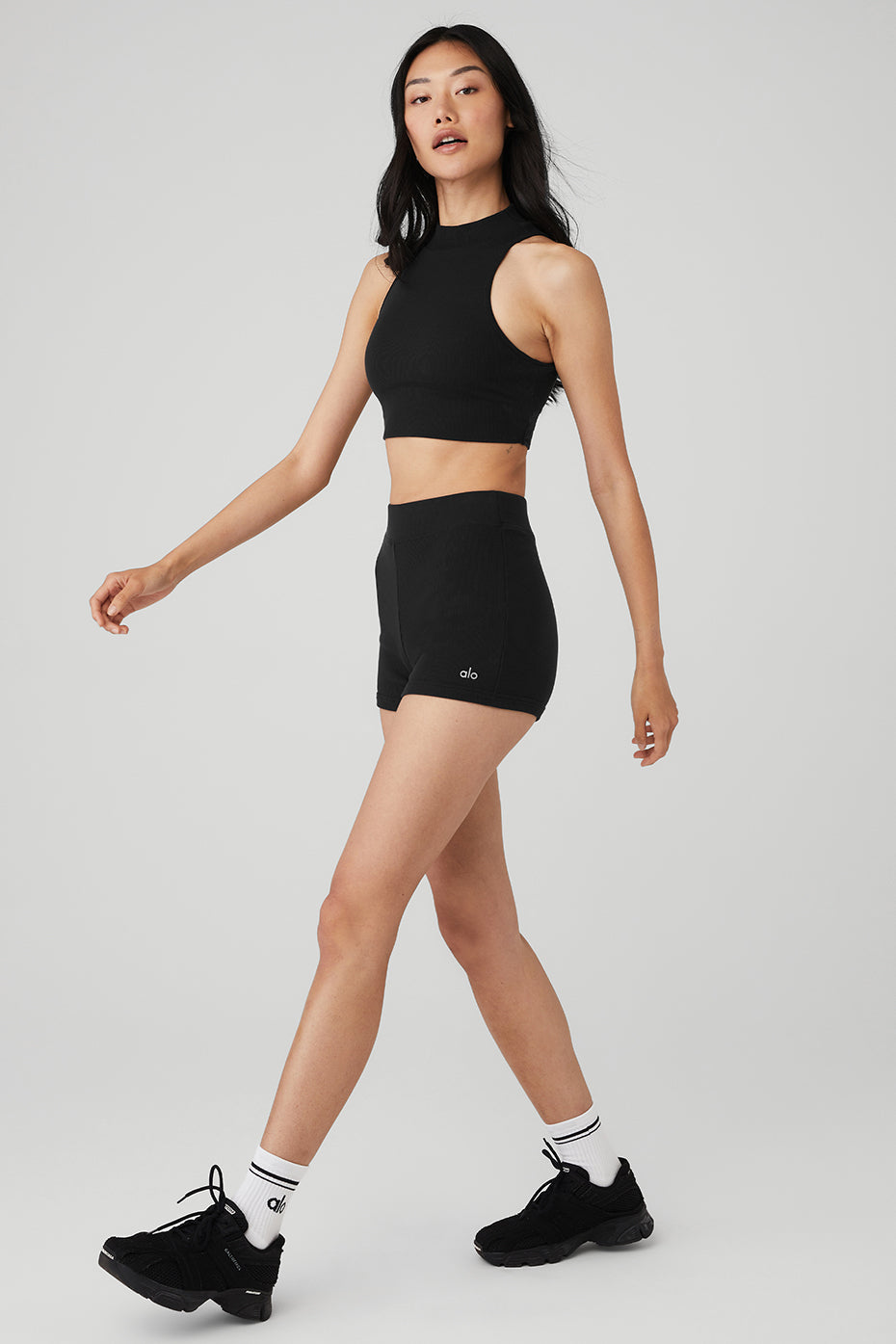 Goddess Rib Cropped Dynamite Tank & Goddess Ribbed High-Waist Hot Short Set - Black