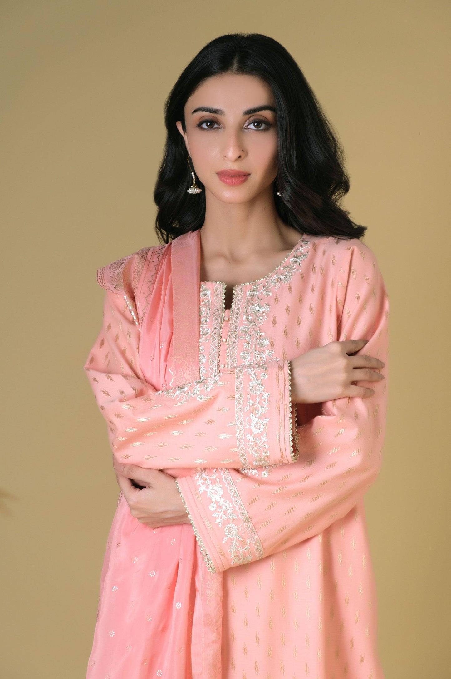 Unstitched 3 Piece Embroidered Mysuri Jacquard Shirt with Silk Dupatta