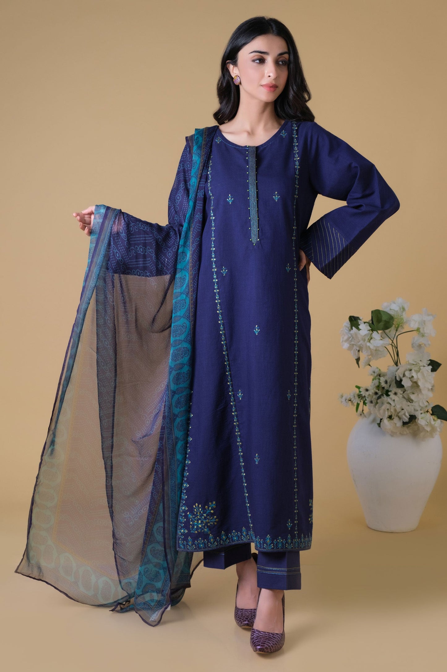 Unstitched 3 Piece Embroidered Textured Slub Suit