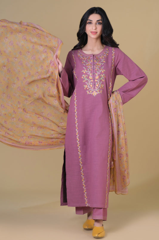 Unstitched 3 Piece Embroidered Slub Lawn Suit