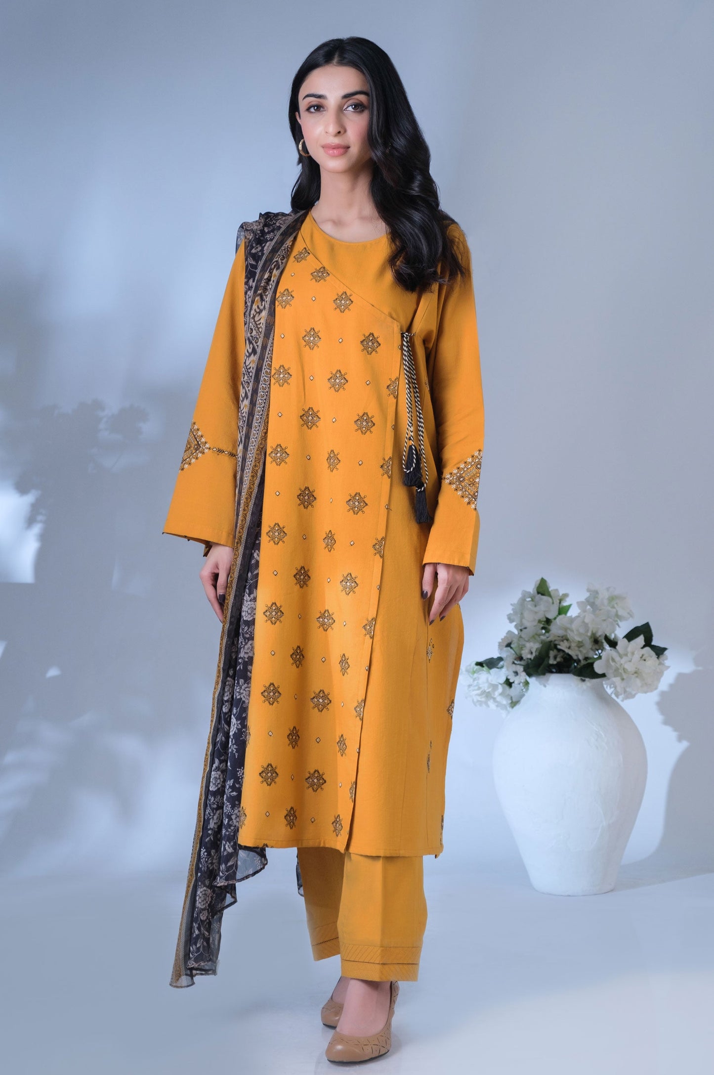 Unstitched 3 Piece Embroidered Textured Slub Suit