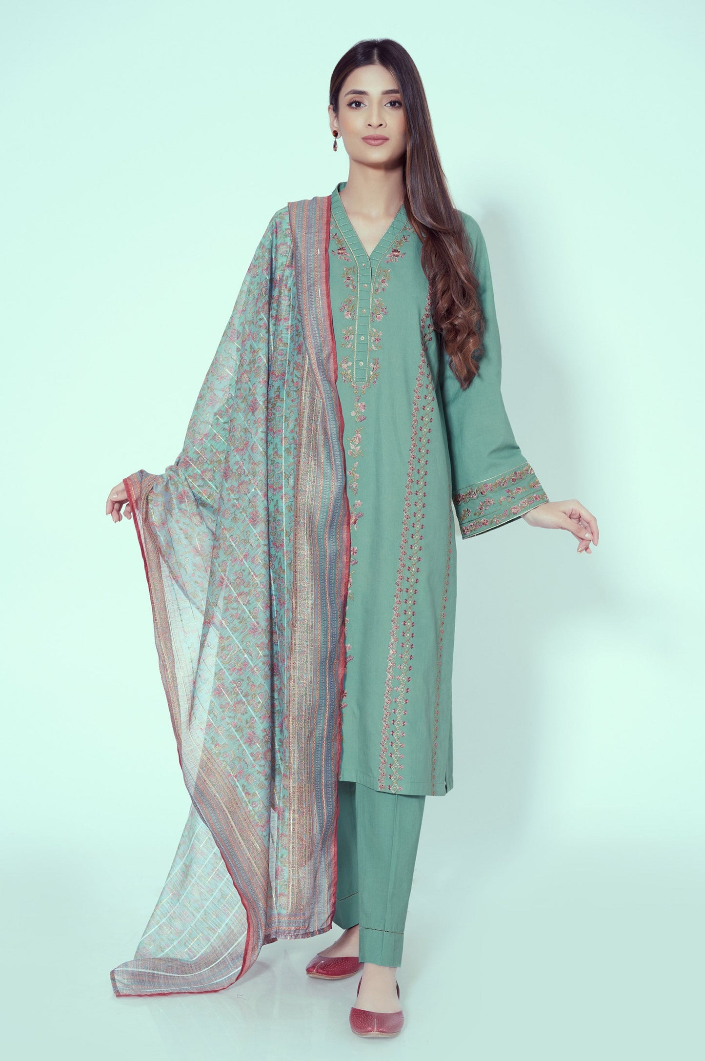 Unstitched 3 Piece Embroider Checkered Slub Suit