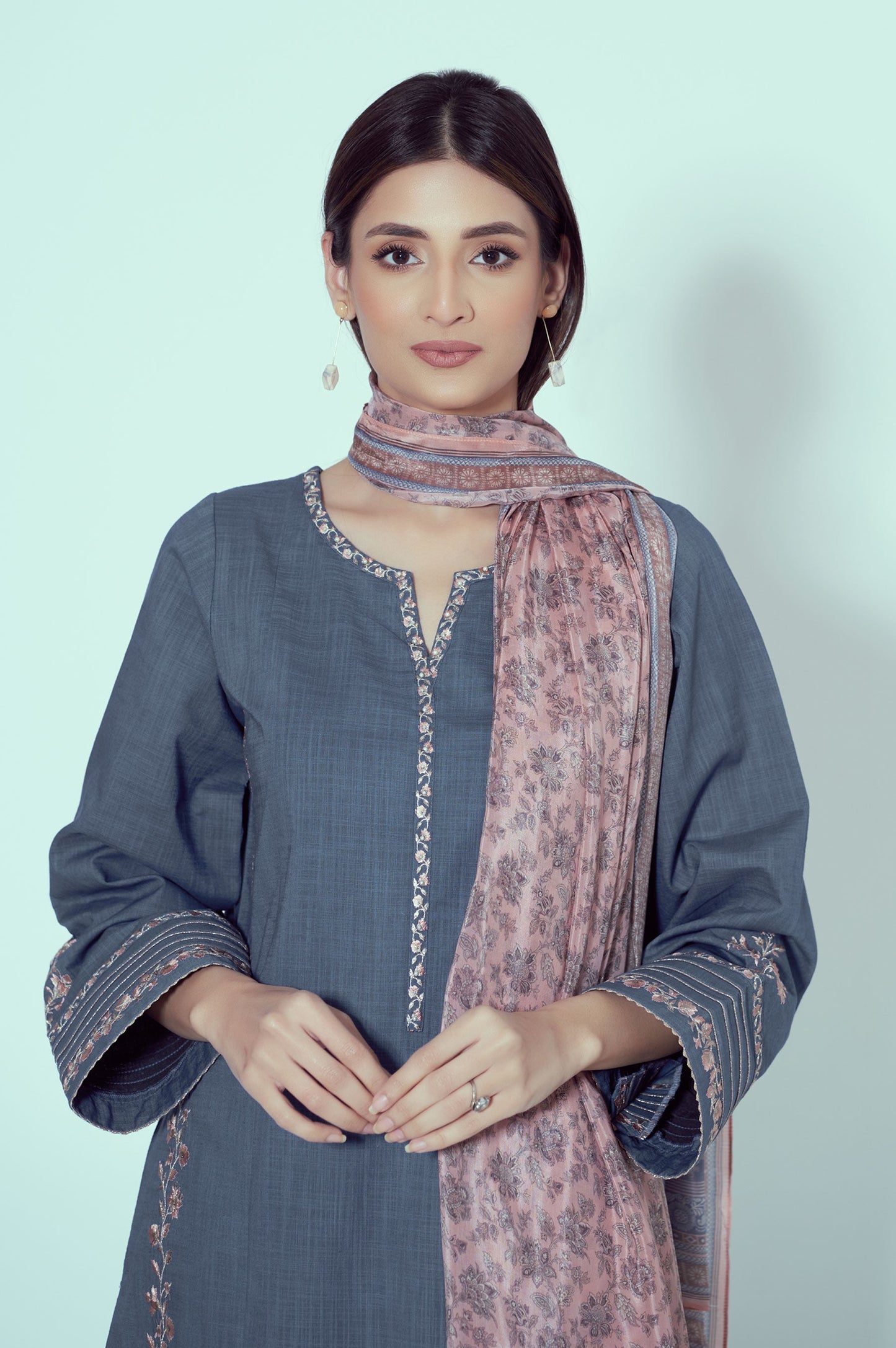 Unstitched 3 Piece Embroidered Textured Slub Suit