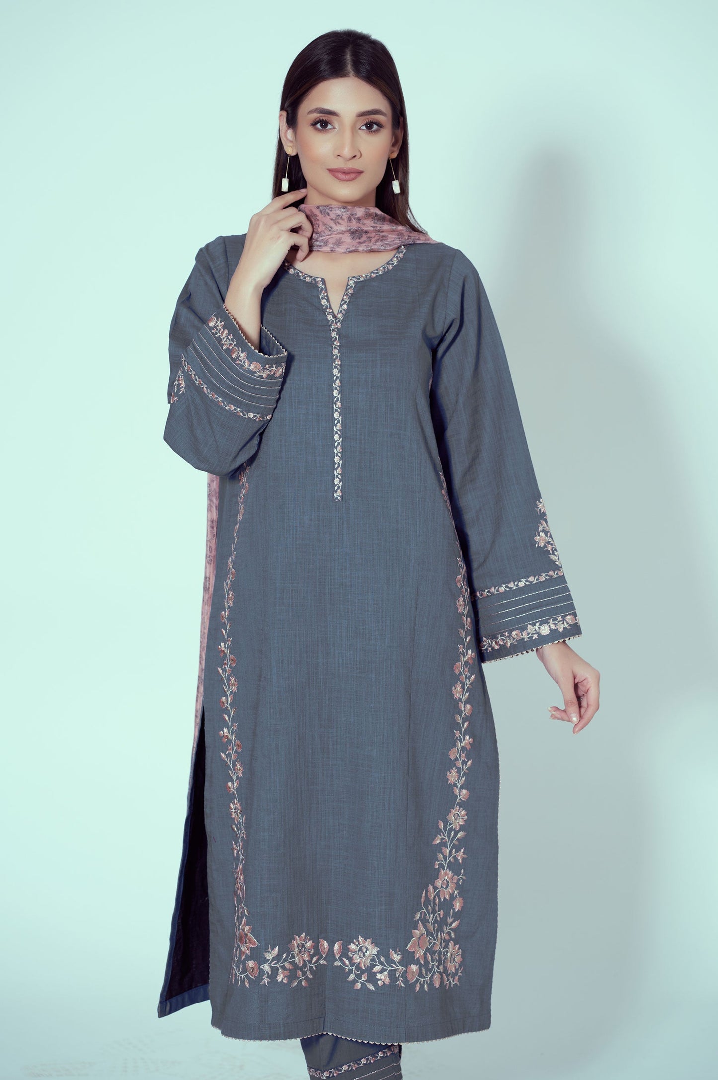 Unstitched 3 Piece Embroidered Textured Slub Suit