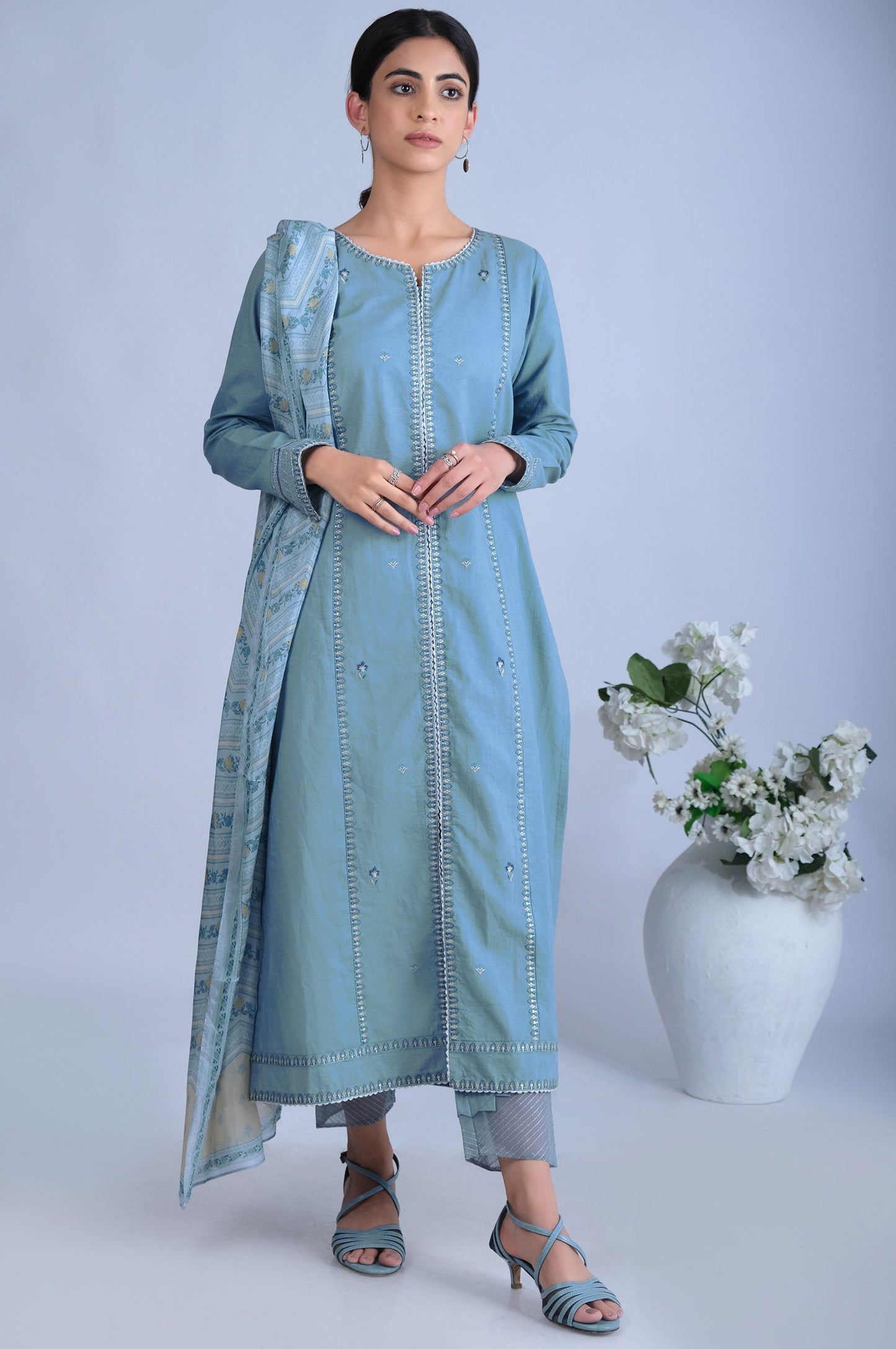 Unstitched 3 Piece Embroidered Textured Slub