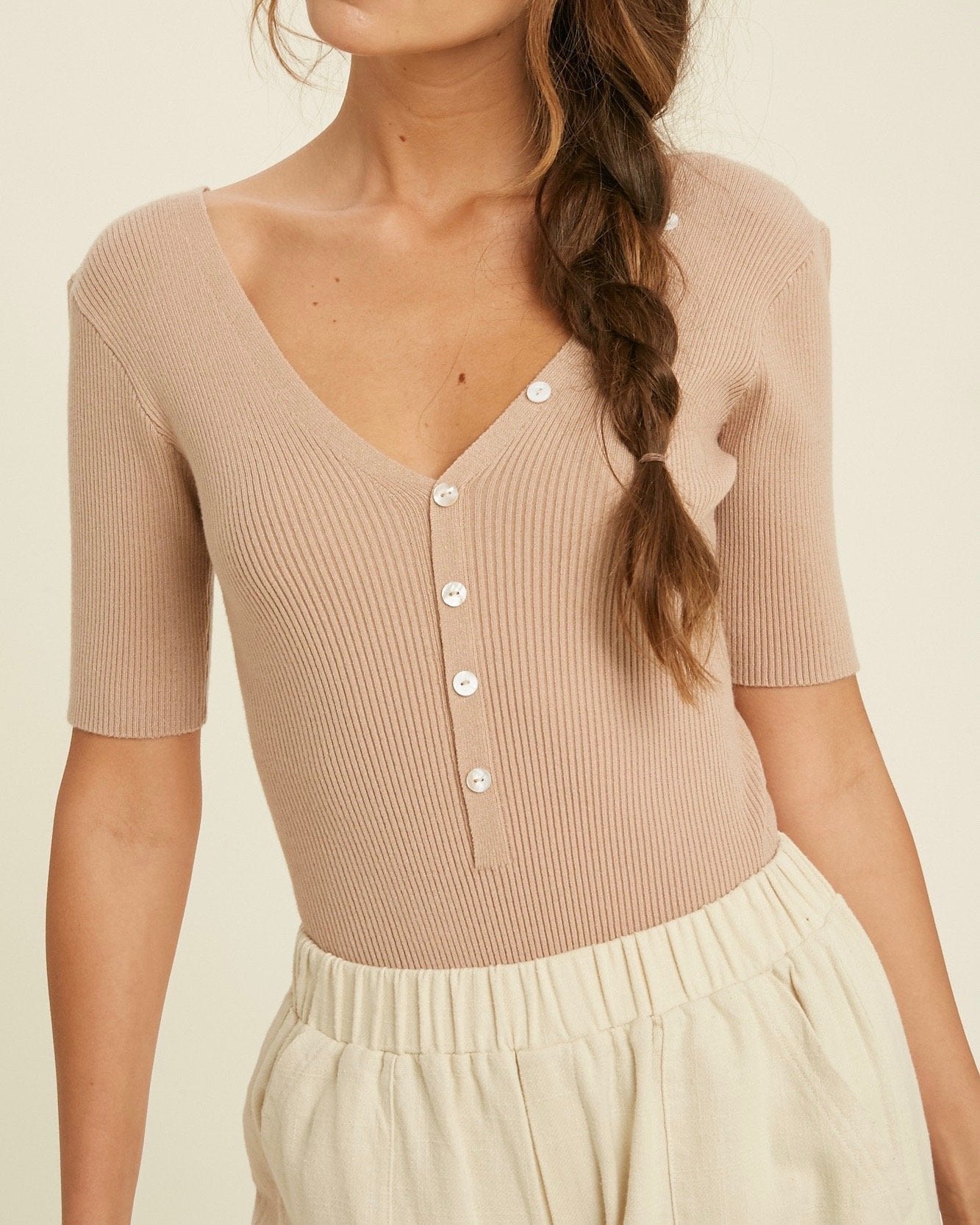 Beatrice Button Down Ribbed Knit Bodysuit in More Colors