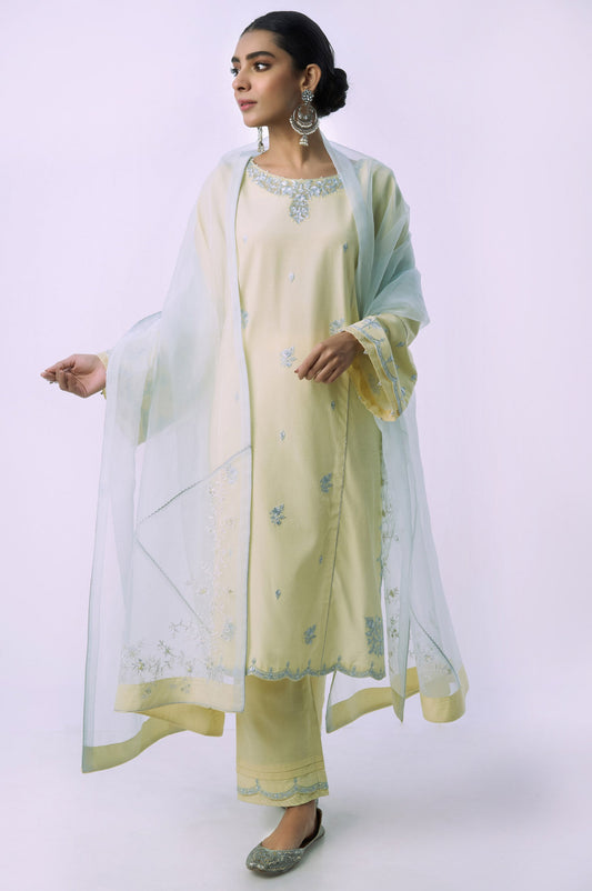 Stitched 3 Piece Embroidered Raw Silk Suit