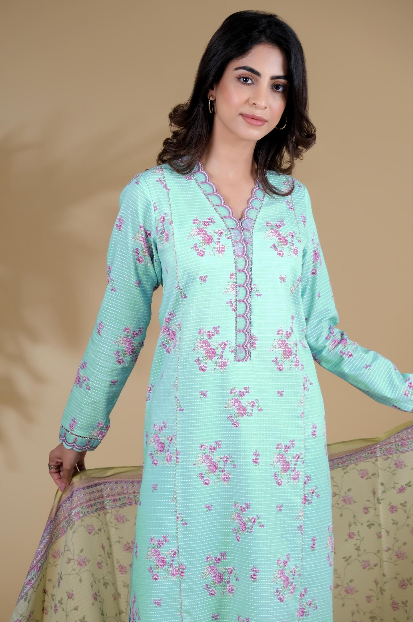 Stitched 3 Piece Printed Dobby Lawn Suit