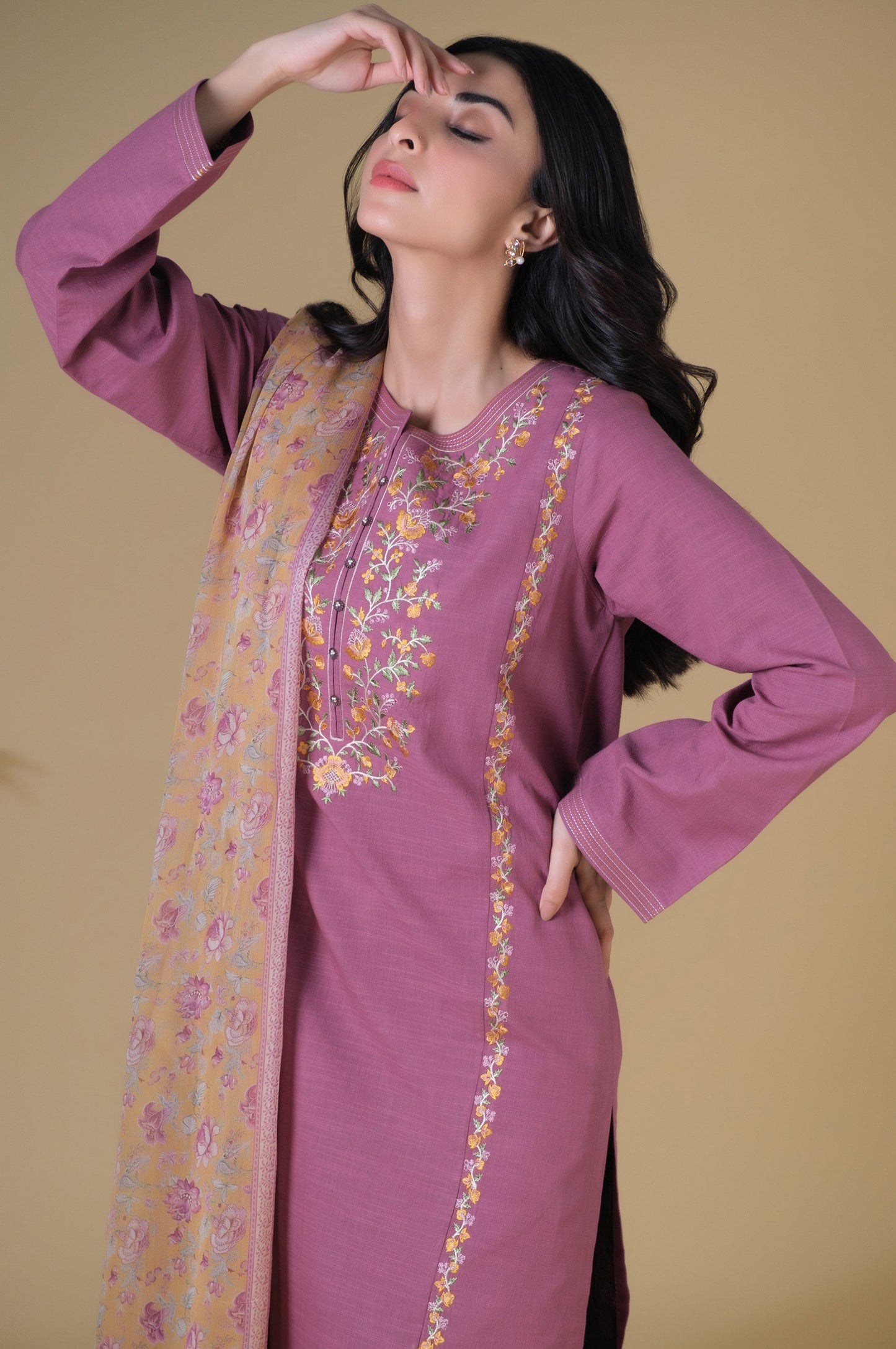 Stitched 3 Piece Embroidered Textured Slub Suit