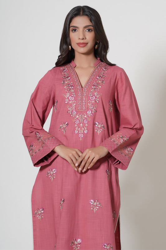 2 Piece Unstitched Embroidered Slub Suit