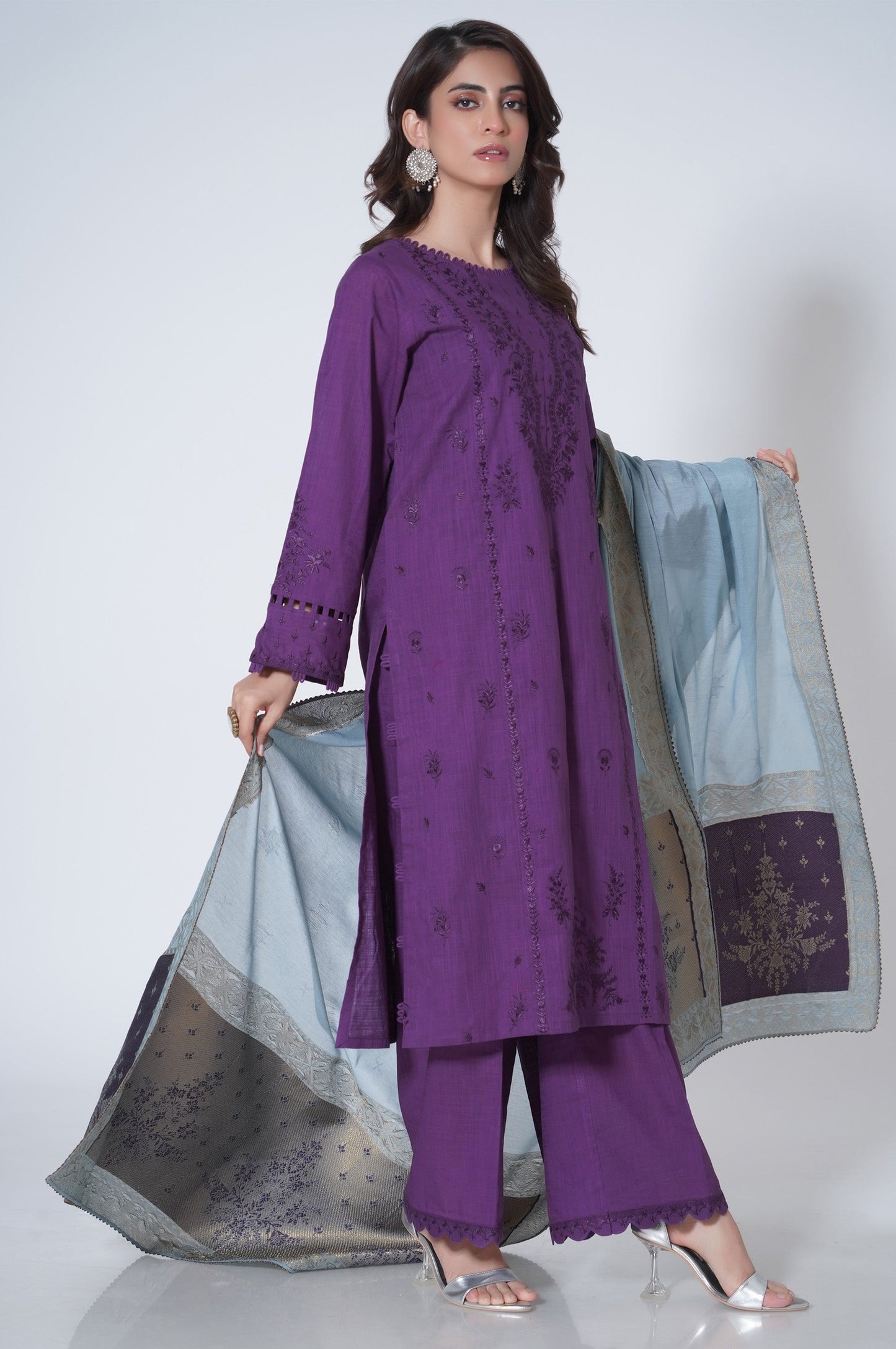 3 Pieces Unstitched Embroidered Cotton Slub Suit