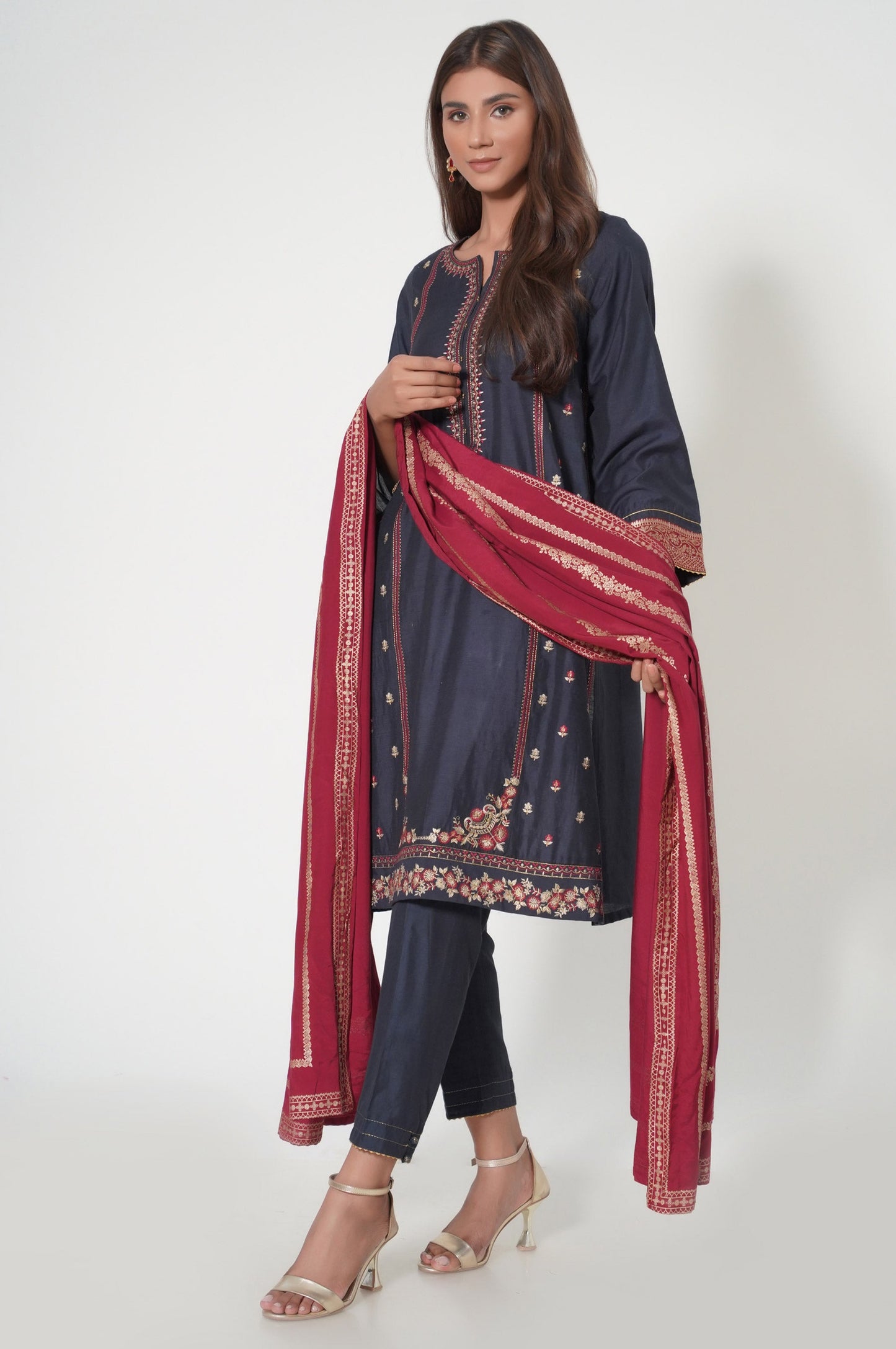 Stitched 3 Piece Raw Silk Embroidered Suit