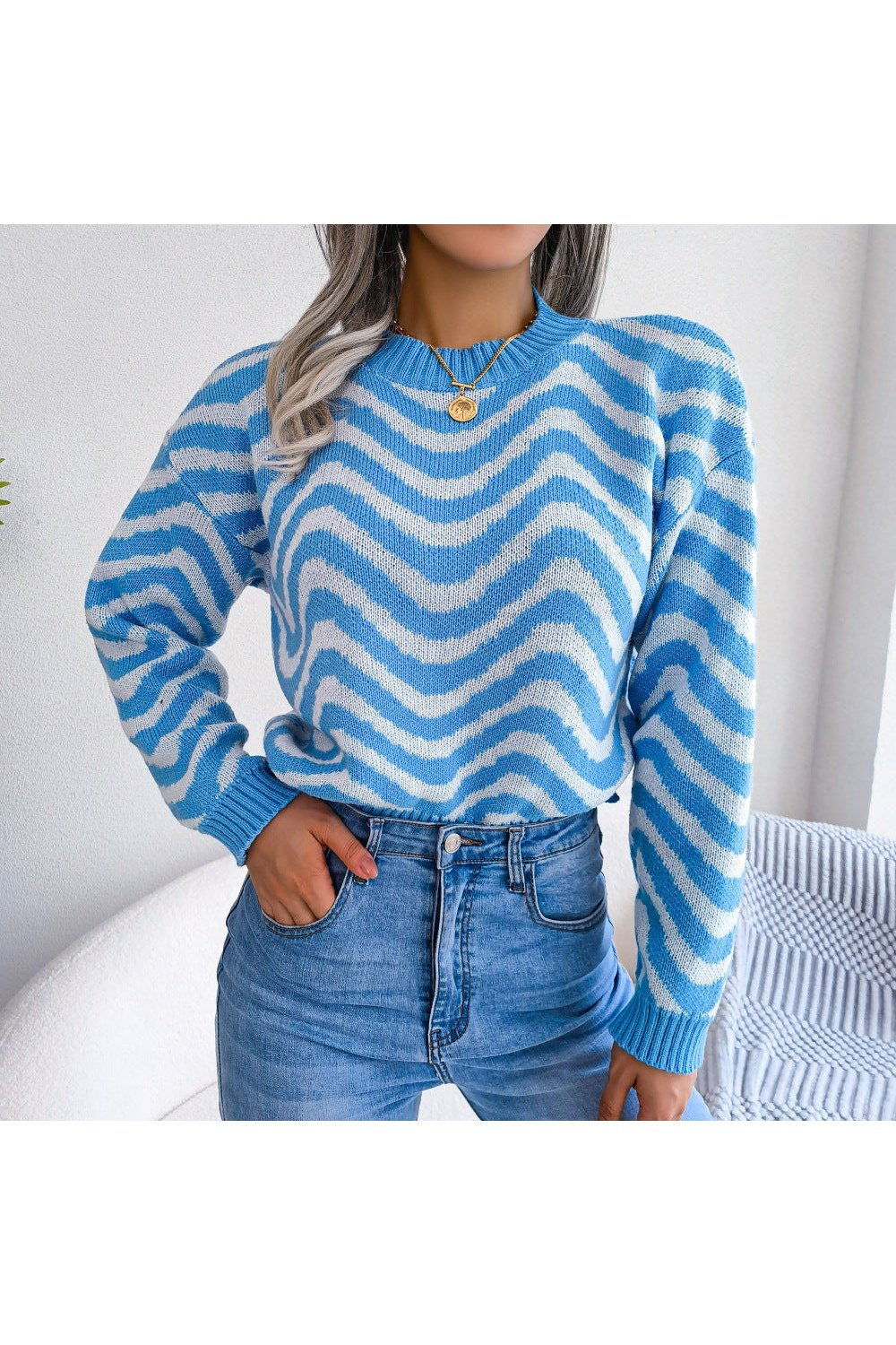 Wavy Stripe Dropped Shoulder Sweater