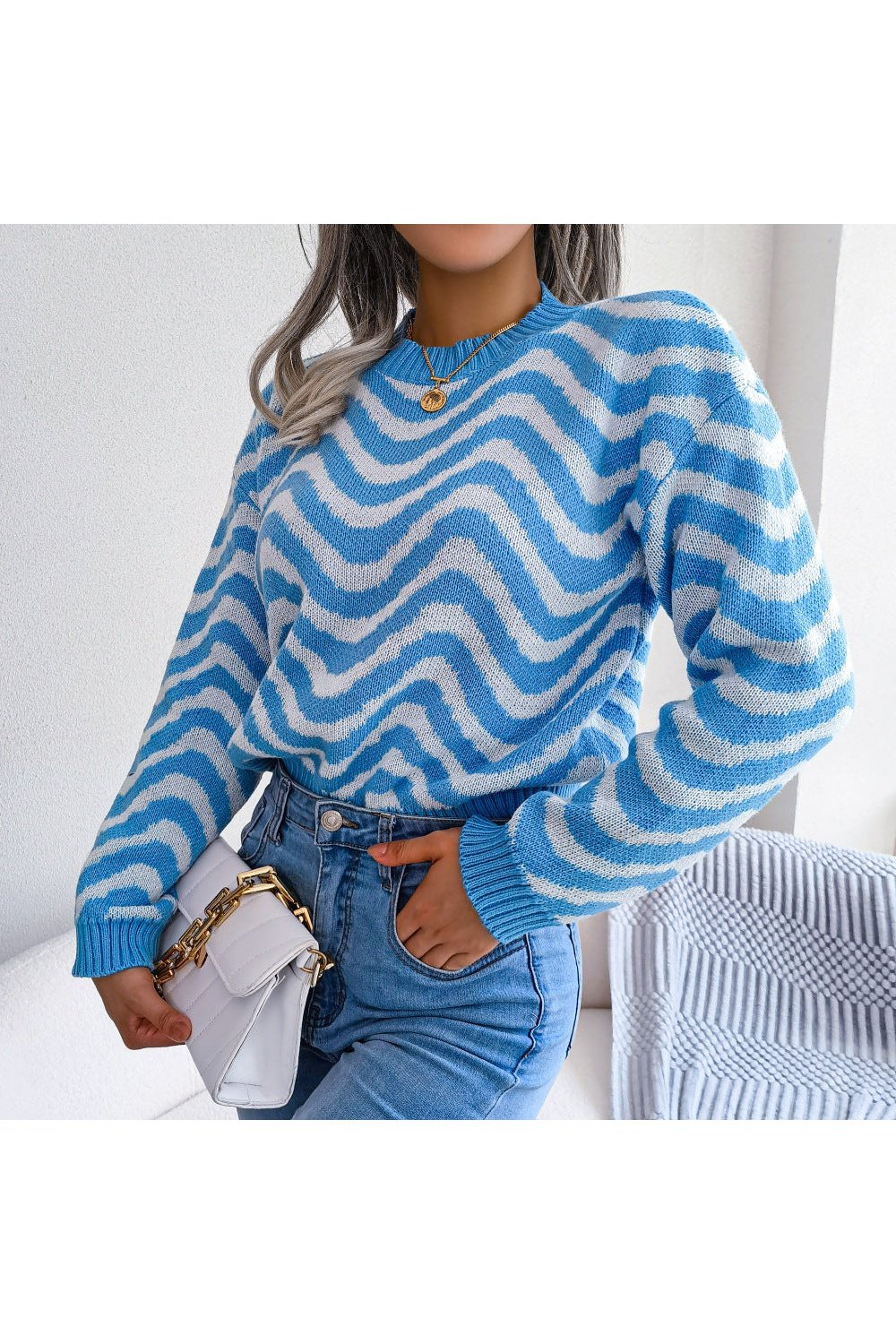 Wavy Stripe Dropped Shoulder Sweater