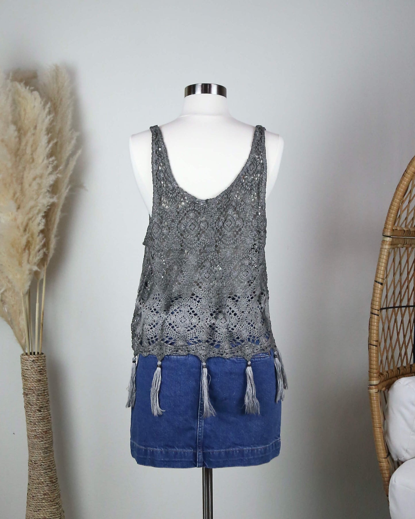 West Coast Crochet Tank with Tassels in Brown/Grey