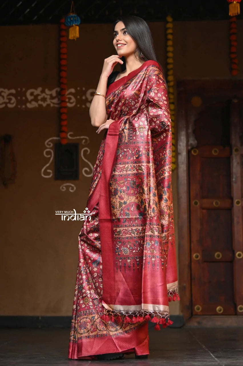 Raaga Ferrous Red Handloom Pure Tussar Silk with Traditional Kalamkari Prints