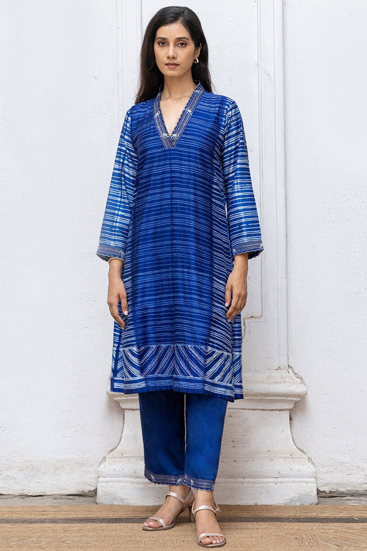 Classic Blue Silk Hand Made Tussar Silk Shibori Co-ord Set