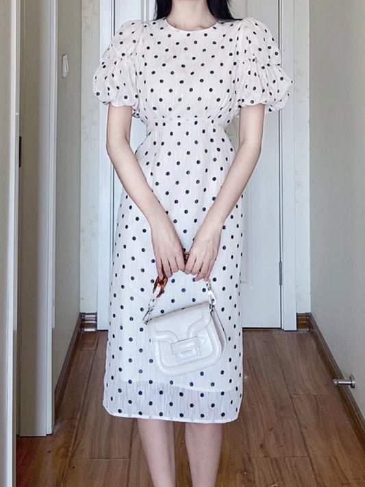 White Bubble Sleeves Polka Dot Dress