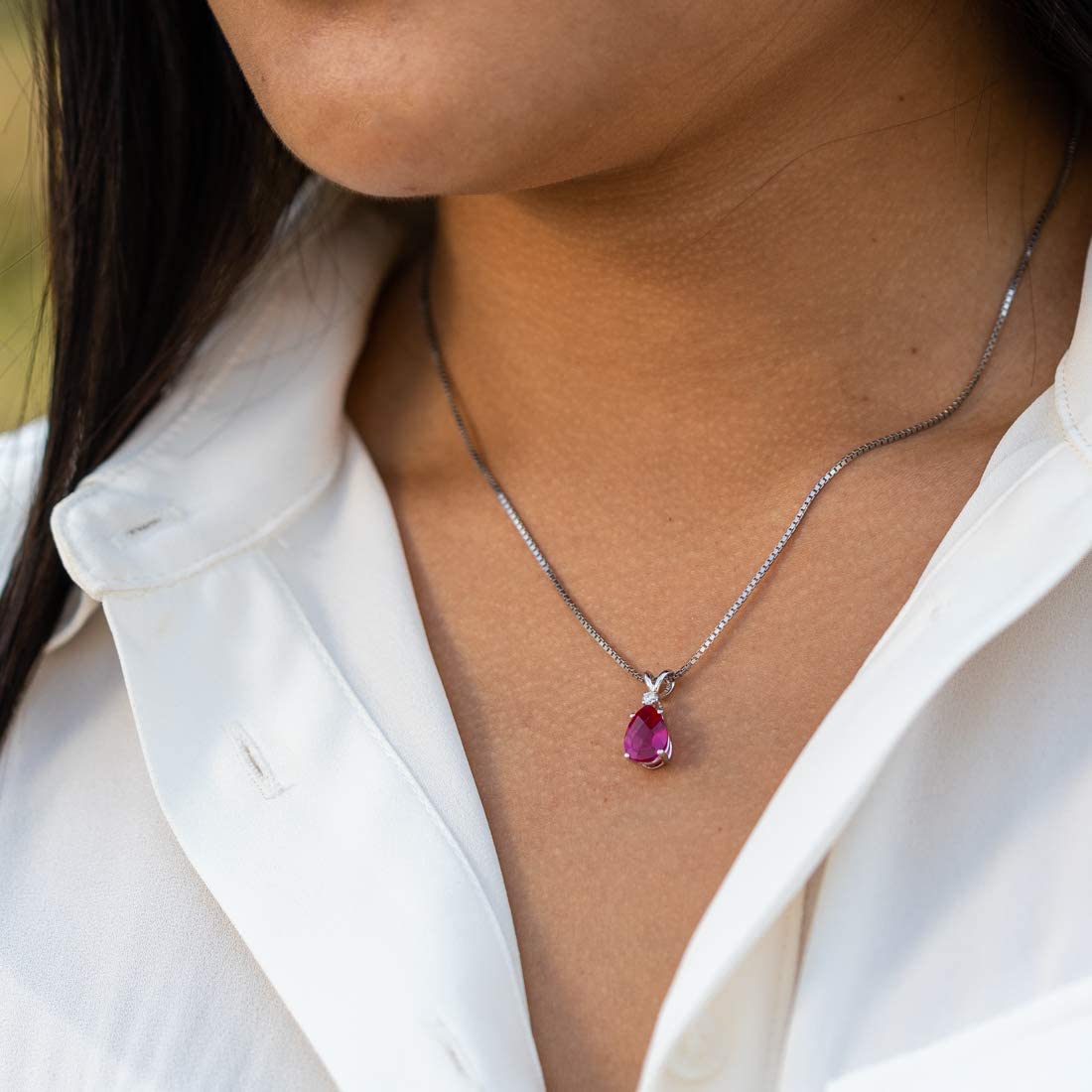 Diamond & Created Ruby Teardrop Pear Shape Solitaire Pendant in 14K Gold Plate Setting