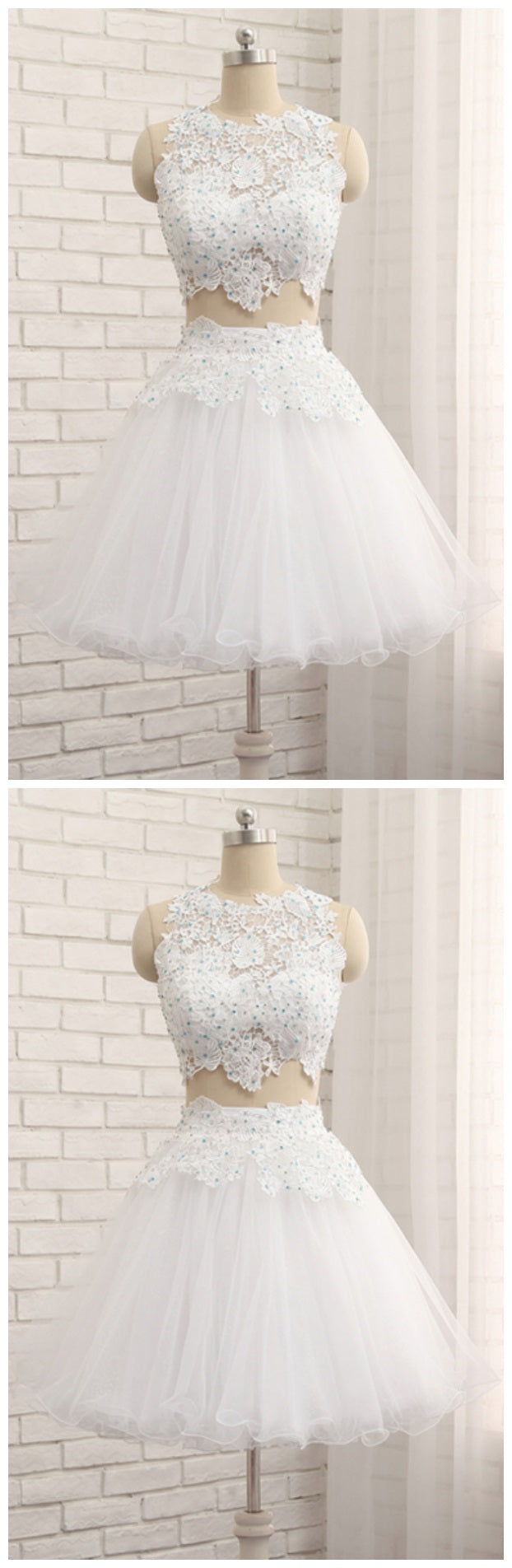 White Lace Juniors Prom Dress Two Piece Homecoming Dress, 21121319