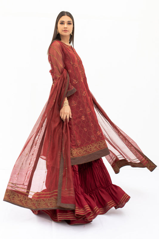 3 Piece Unstitched Embroidered Khaddi Net Suit