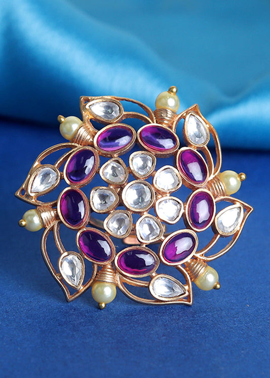 White & Violet Red Kundan Adjustable Ring Having Pearl work