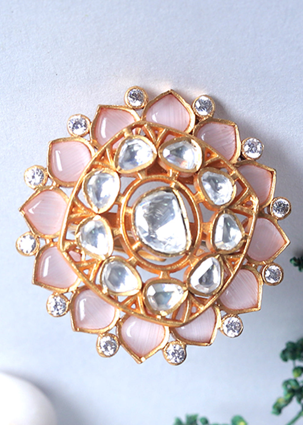 White & Peach Pink Kundan Adjustable Ring Having Stone work