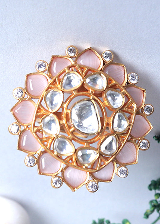 White & Peach Pink Kundan Adjustable Ring Having Stone work