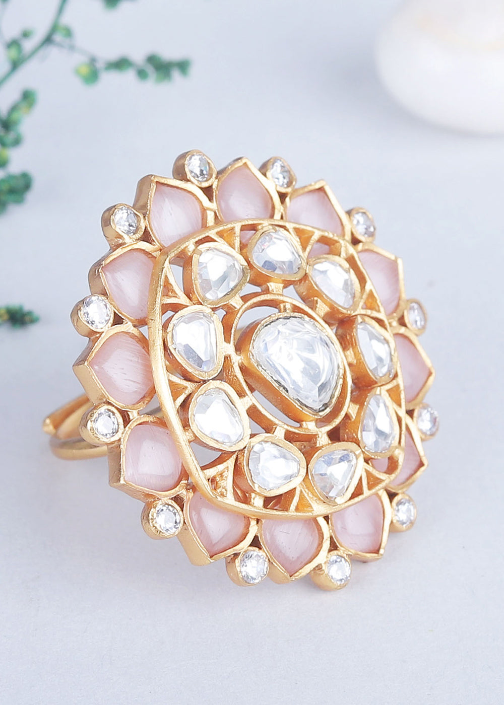 White & Peach Pink Kundan Adjustable Ring Having Stone work