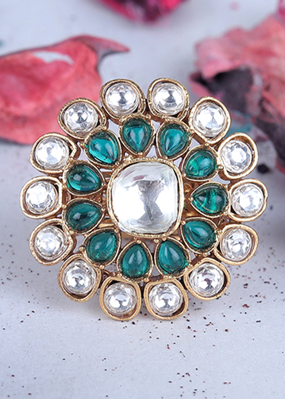 White & Green Kundan Adjustable Ring Having Stone work