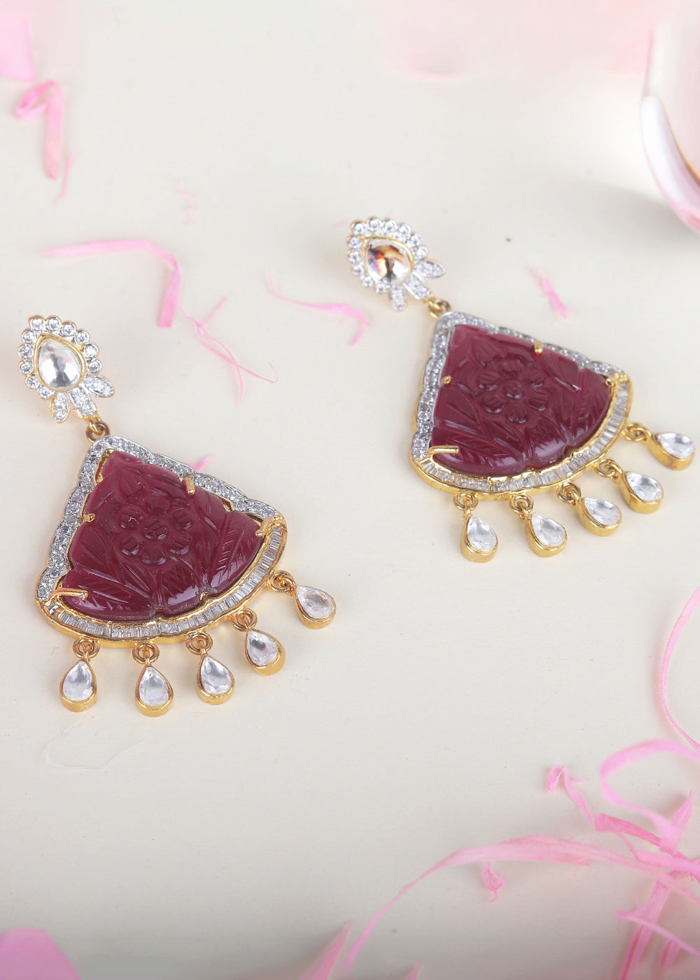 Red & White Kundan Earrings Having Stone work