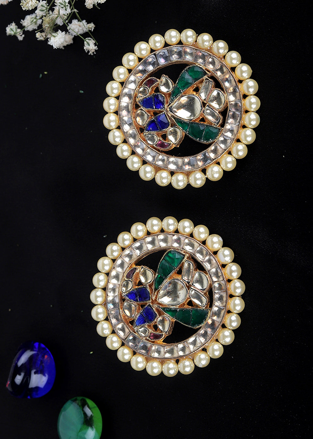 Multi Coloured Kundan Earrings Having Pearl work