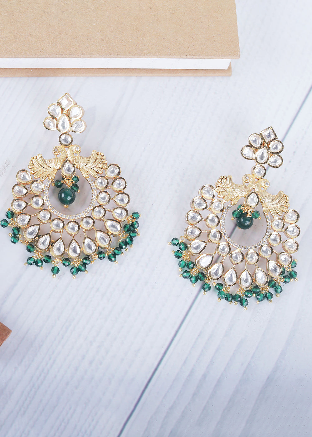 Green & White Kundan Chanbali Earrings Having Beads work