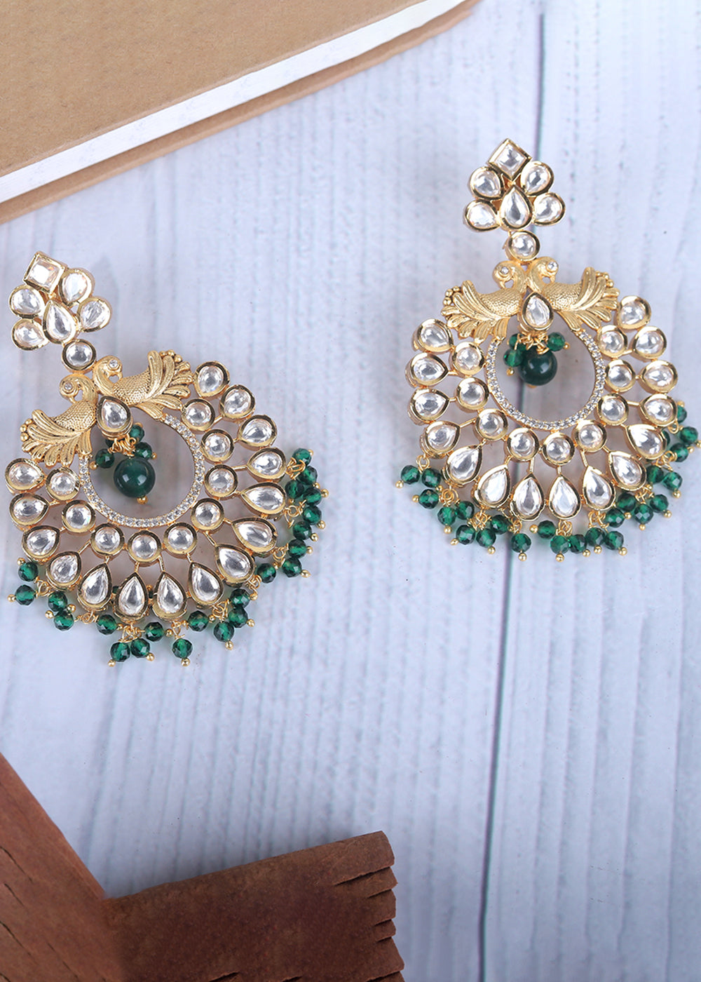 Green & White Kundan Chanbali Earrings Having Beads work
