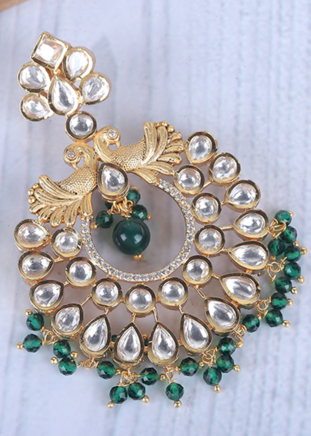 Green & White Kundan Chanbali Earrings Having Beads work