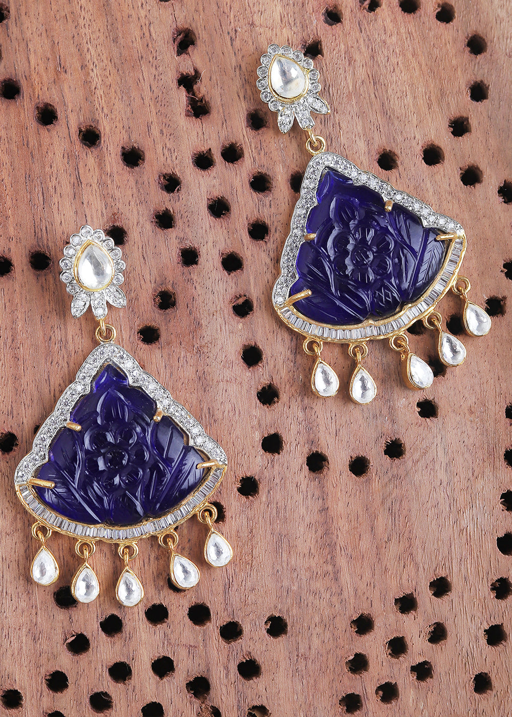 Blue & White Kundan Earrings Having Stone work
