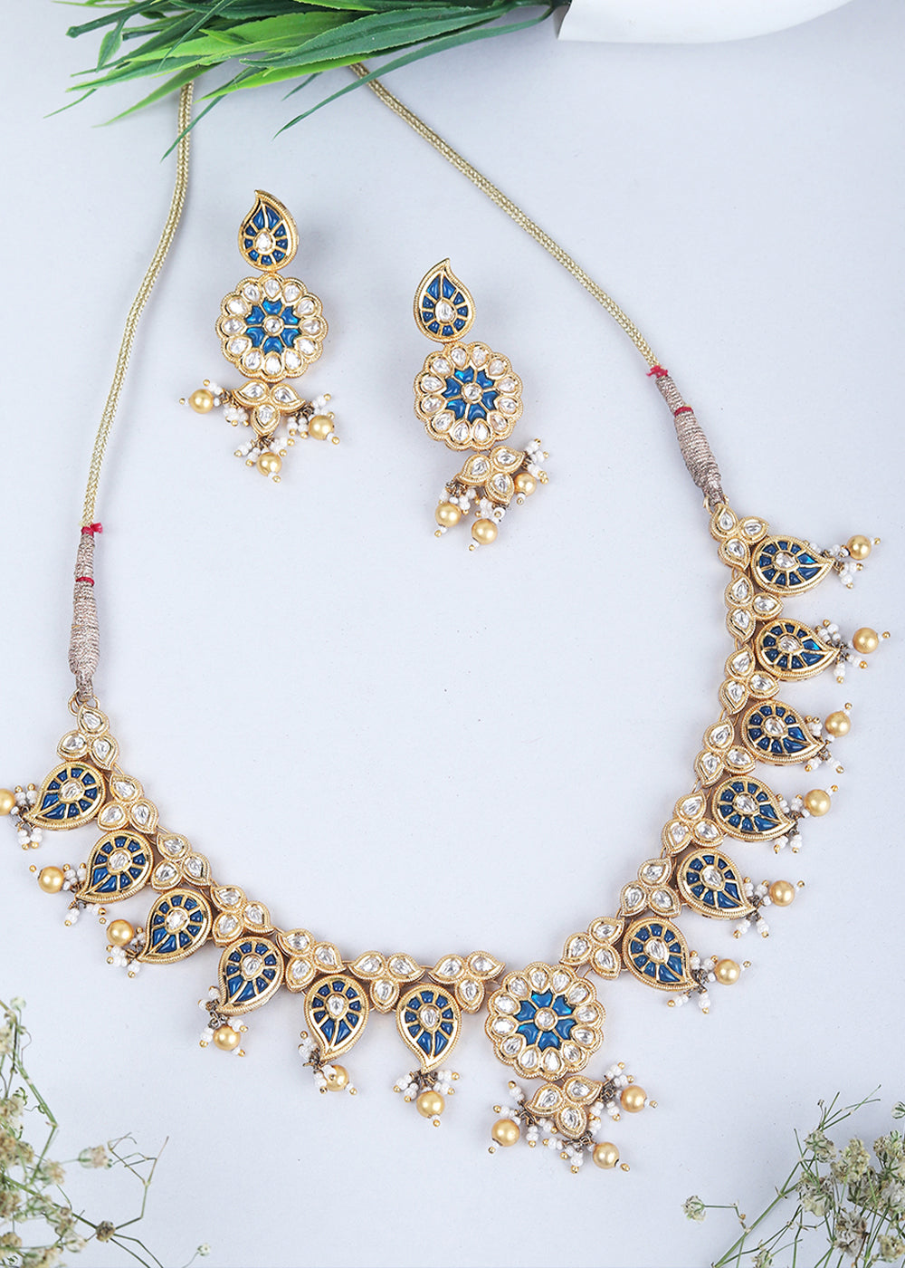 White & Blue Kundan Necklace Set Having Stone work