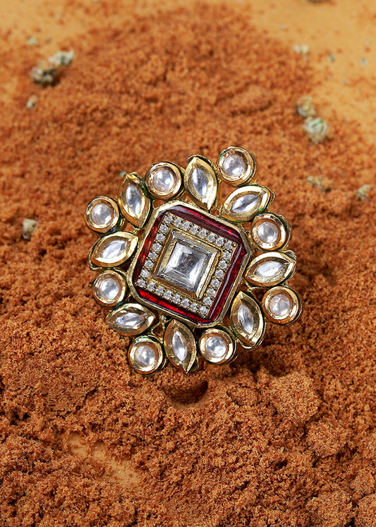 White & Red Kundan Adjustable Ring Having Stone work