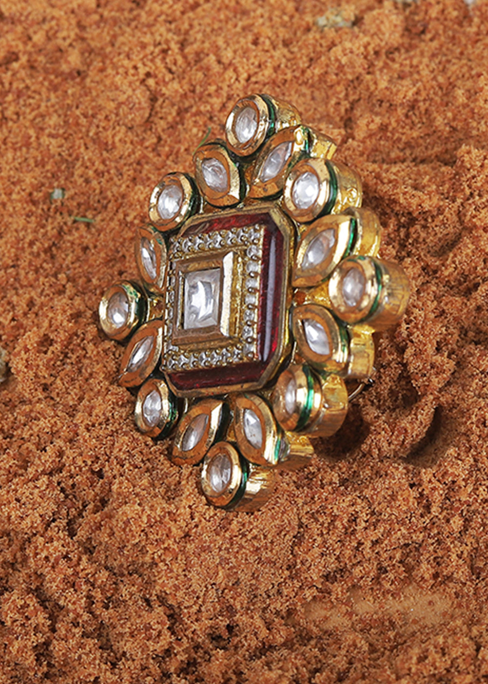 White & Red Kundan Adjustable Ring Having Stone work